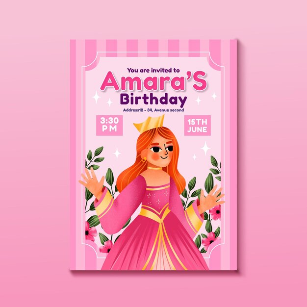 Plantilla de invitación de cumpleaños princesa acuarela pintada a mano