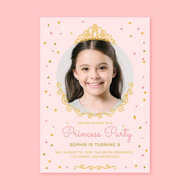 Plantilla de invitación de cumpleaños princesa dibujada a mano con foto