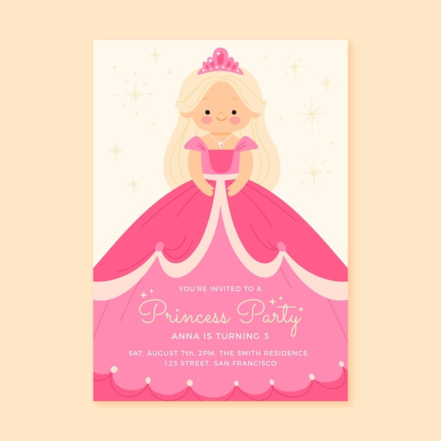 Plantilla de invitación de cumpleaños princesa dibujada a mano