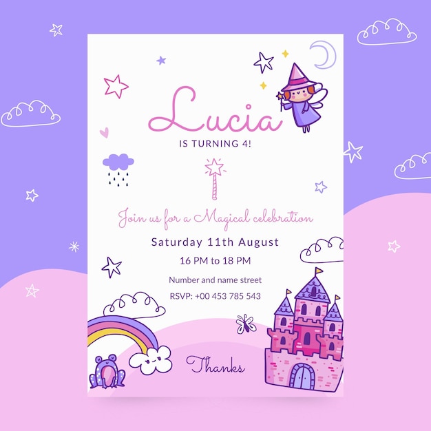 Vector gratuito plantilla de invitación de cumpleaños princesa dibujada a mano