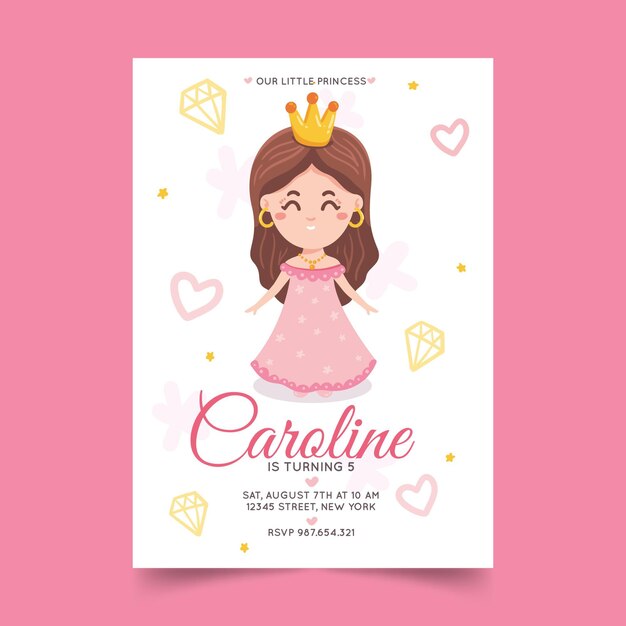 Plantilla de invitación de cumpleaños princesa dibujada a mano