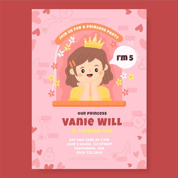 Plantilla de invitación de cumpleaños princesa dibujada a mano