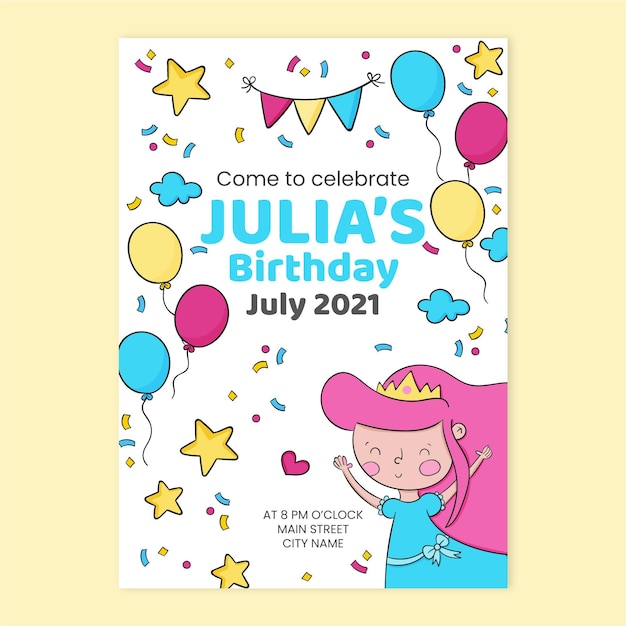 Vector gratuito plantilla de invitación de cumpleaños de princesa para niños