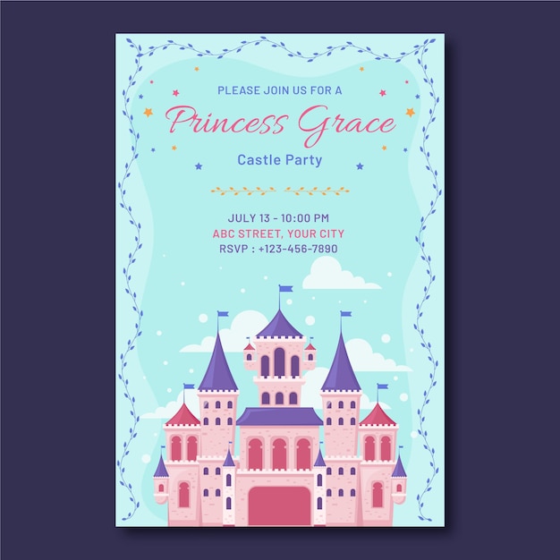 Plantilla de invitación de cumpleaños de princesa plana con castillo