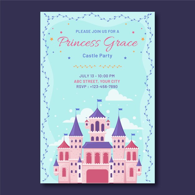 Plantilla de invitación de cumpleaños de princesa plana con castillo