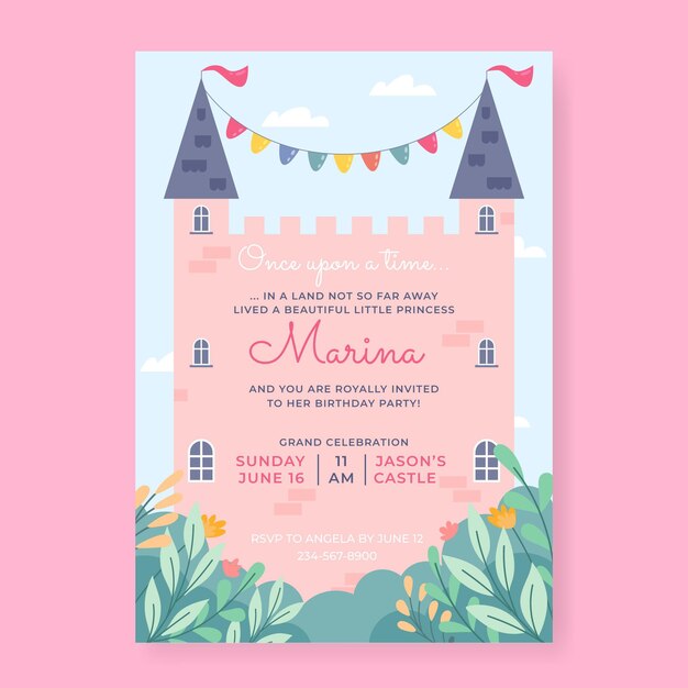 Plantilla de invitación de cumpleaños de princesa plana orgánica