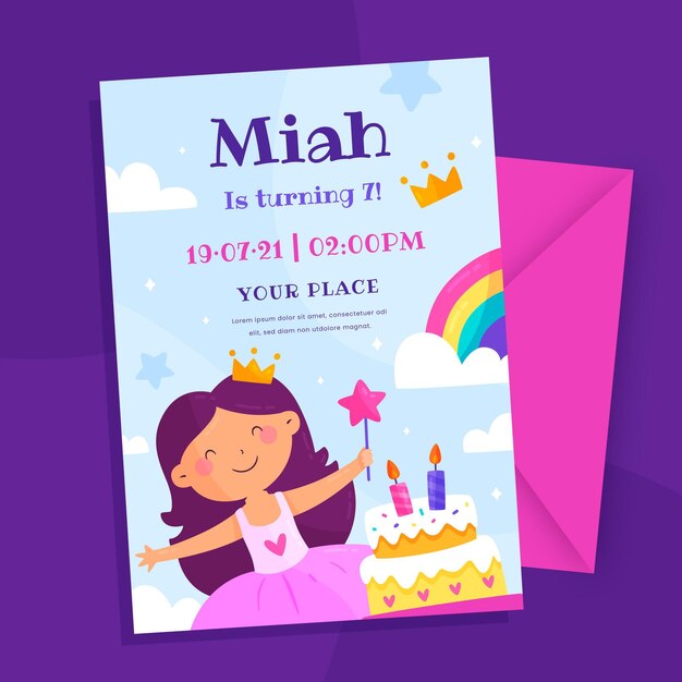 Plantilla de invitación de cumpleaños de princesa plana orgánica