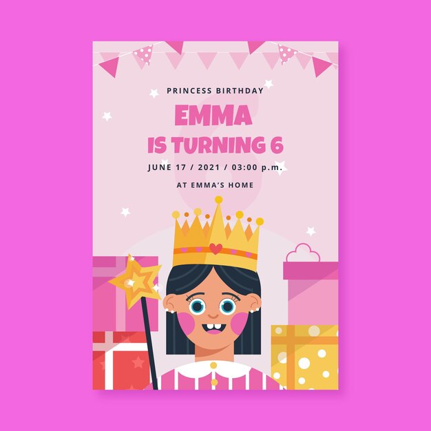 Plantilla de invitación de cumpleaños de princesa plana orgánica