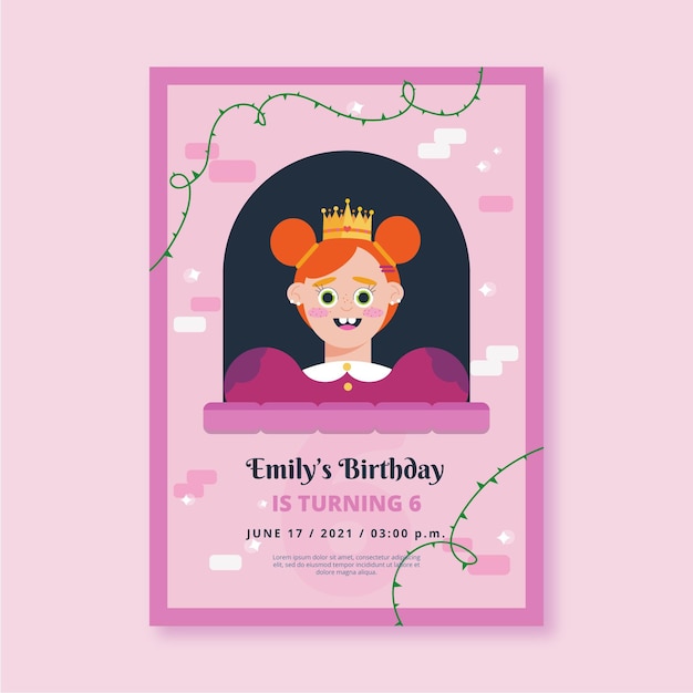 Plantilla de invitación de cumpleaños de princesa plana orgánica