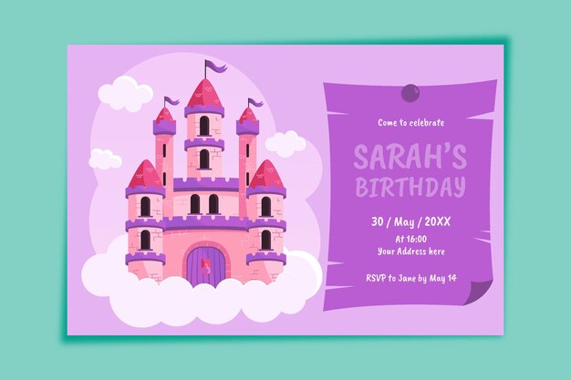 Plantilla de invitación de cumpleaños de princesa plana