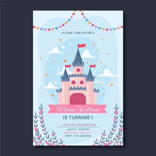 Plantilla de invitación de cumpleaños de princesa plana
