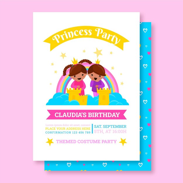Plantilla de invitación de cumpleaños de princesa plana