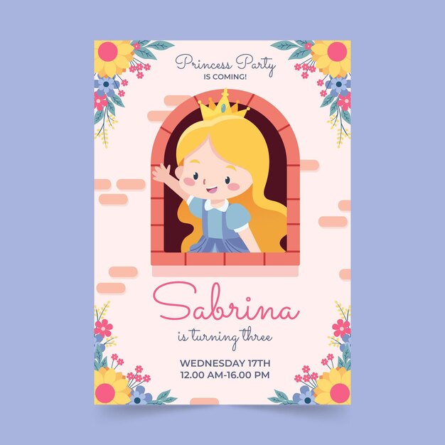 Plantilla de invitación de cumpleaños de princesa plana