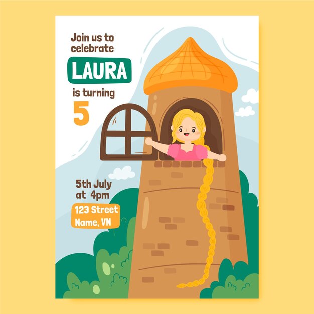 Plantilla de invitación de cumpleaños de rapunzel dibujada a mano