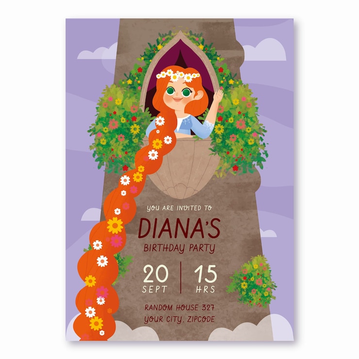 Vector gratuito plantilla de invitación de cumpleaños de rapunzel dibujada a mano