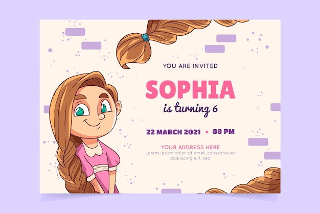 Plantilla de invitación de cumpleaños de rapunzel dibujada a mano