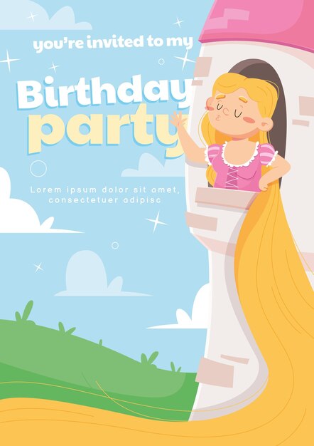 Plantilla de invitación de cumpleaños de rapunzel de dibujos animados