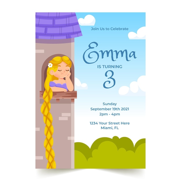 Plantilla de invitación de cumpleaños de rapunzel de estilo de dibujos animados