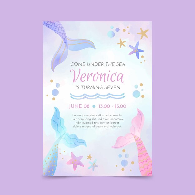 Plantilla de invitación de cumpleaños de sirena acuarela pintada a mano