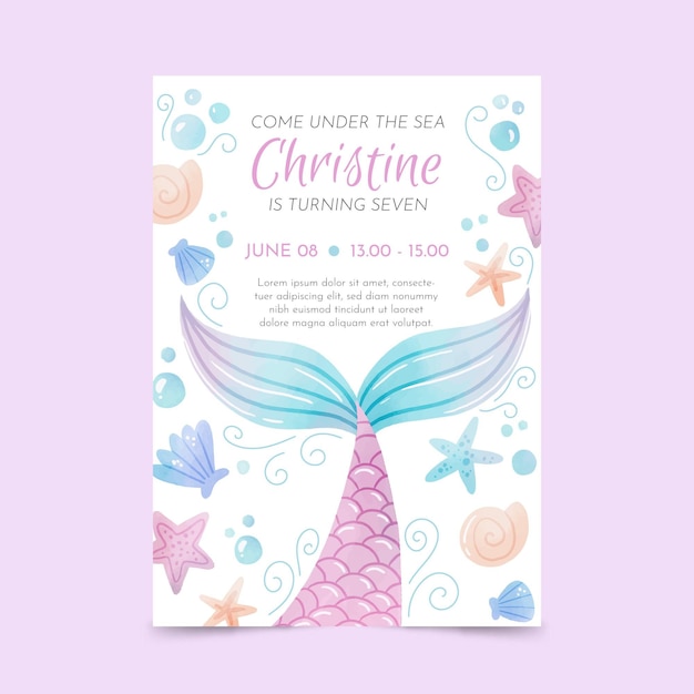 Plantilla de invitación de cumpleaños de sirena acuarela pintada a mano