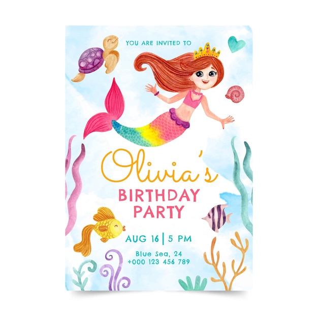 Vector gratuito plantilla de invitación de cumpleaños de sirena acuarela pintada a mano