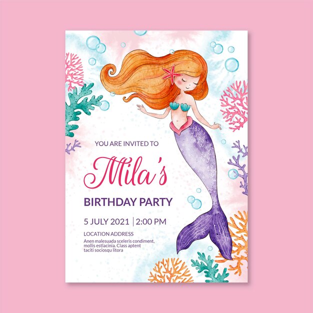 Plantilla de invitación de cumpleaños de sirena acuarela pintada a mano