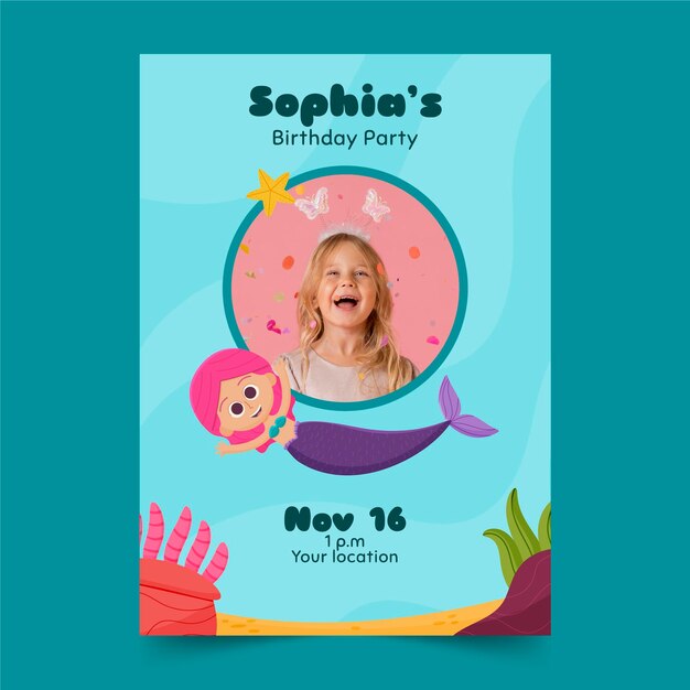 Plantilla de invitación de cumpleaños de sirena dibujada a mano con foto