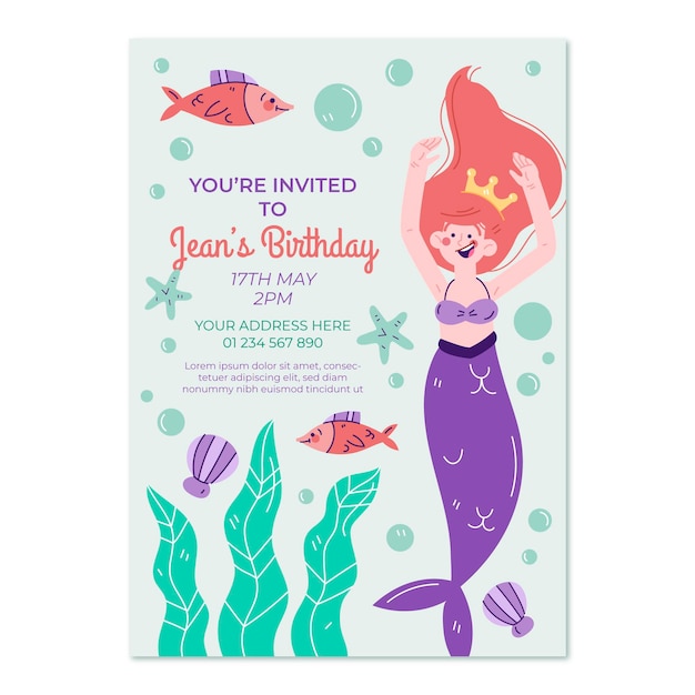 Plantilla de invitación de cumpleaños de sirena dibujada a mano