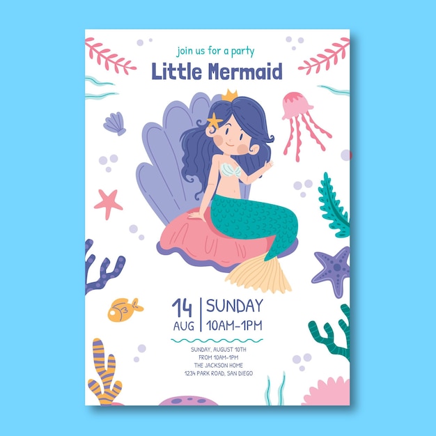 Plantilla de invitación de cumpleaños de sirena dibujada a mano