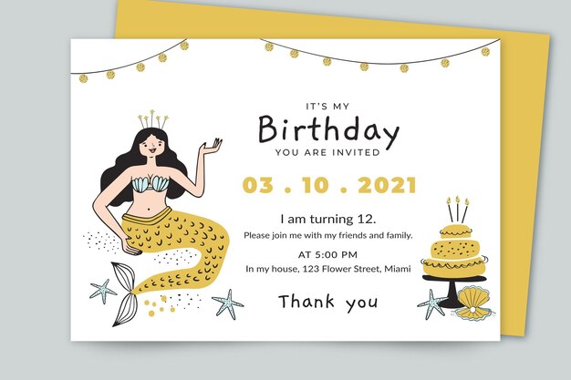 Plantilla de invitación de cumpleaños de sirena dibujada a mano