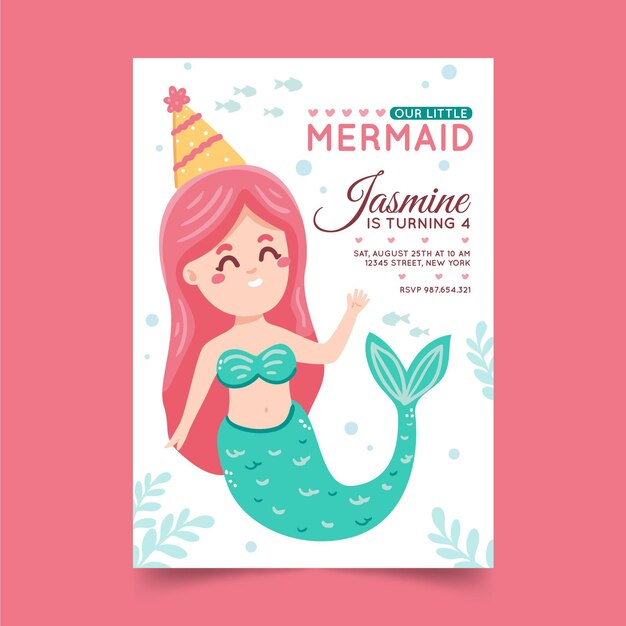 Plantilla de invitación de cumpleaños de sirena dibujada a mano