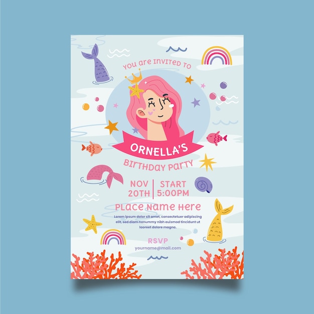 Plantilla de invitación de cumpleaños de sirena plana orgánica