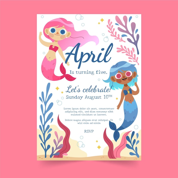 Plantilla de invitación de cumpleaños de sirena plana orgánica