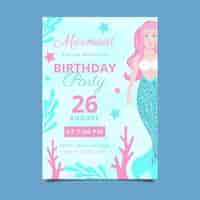 Vector gratuito plantilla de invitación de cumpleaños de sirena plana