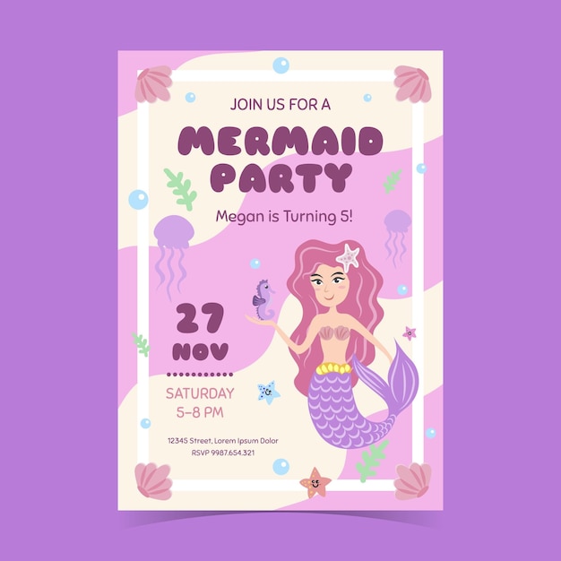 Plantilla de invitación de cumpleaños de sirena plana