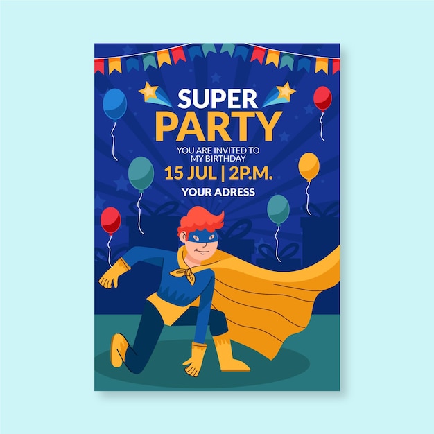 Vector gratuito plantilla de invitación de cumpleaños de superhéroe dibujada a mano