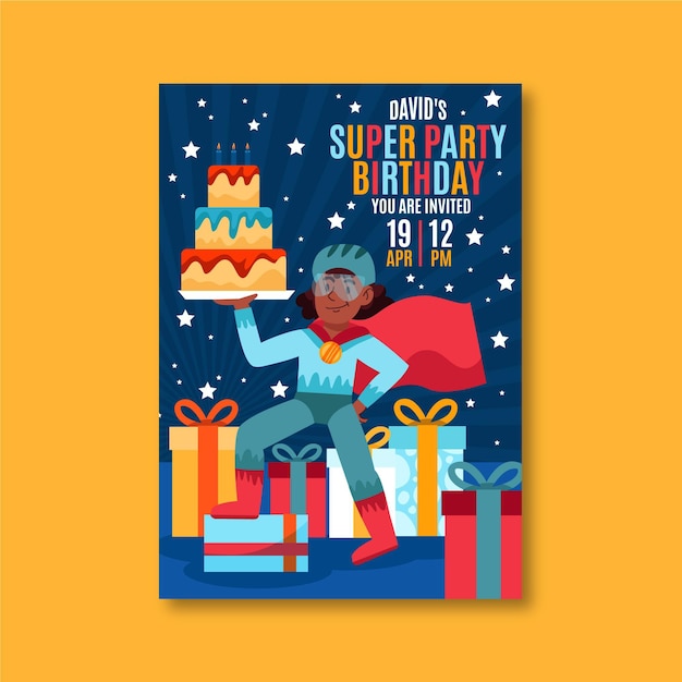 Plantilla de invitación de cumpleaños de superhéroe dibujada a mano