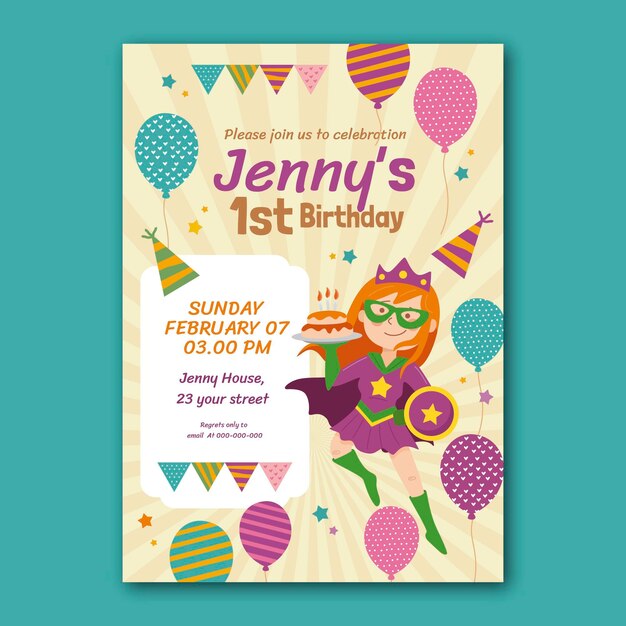 Plantilla de invitación de cumpleaños de superhéroe dibujada a mano