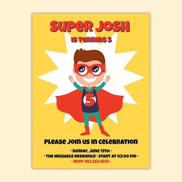 Plantilla de invitación de cumpleaños de superhéroe dibujada a mano