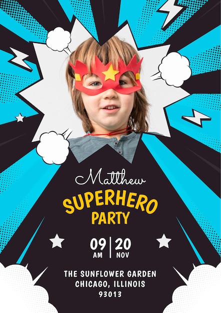 Plantilla de invitación de cumpleaños de superhéroe plana con foto
