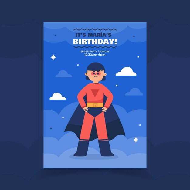 Plantilla de invitación de cumpleaños de superhéroe plana