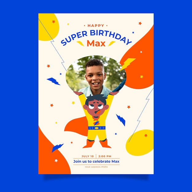 Plantilla de invitación de cumpleaños de superhéroe plana