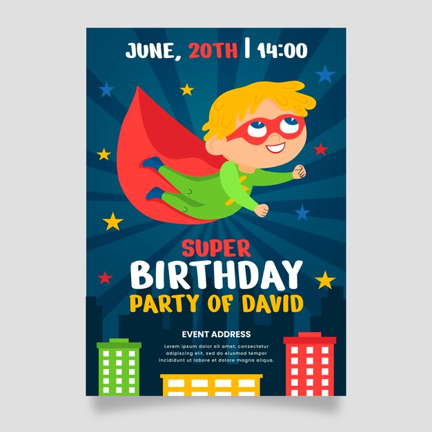Plantilla de invitación de cumpleaños de superhéroe plano orgánico