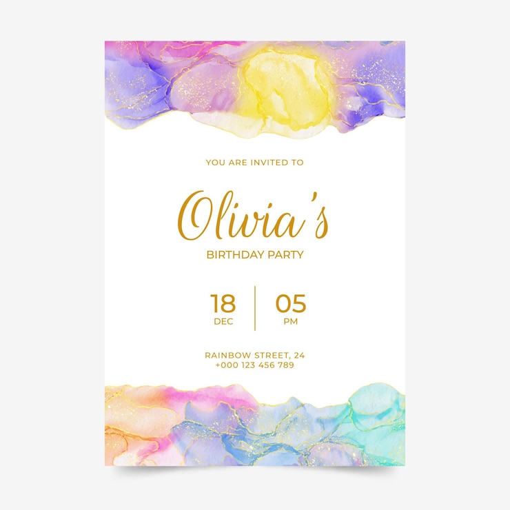 Vector gratuito plantilla de invitación de cumpleaños de tinta de alcohol acuarela