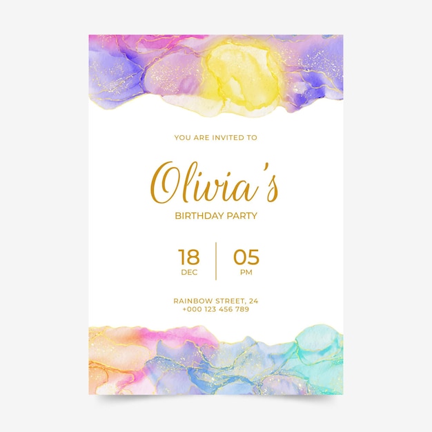 Plantilla de invitación de cumpleaños de tinta de alcohol acuarela