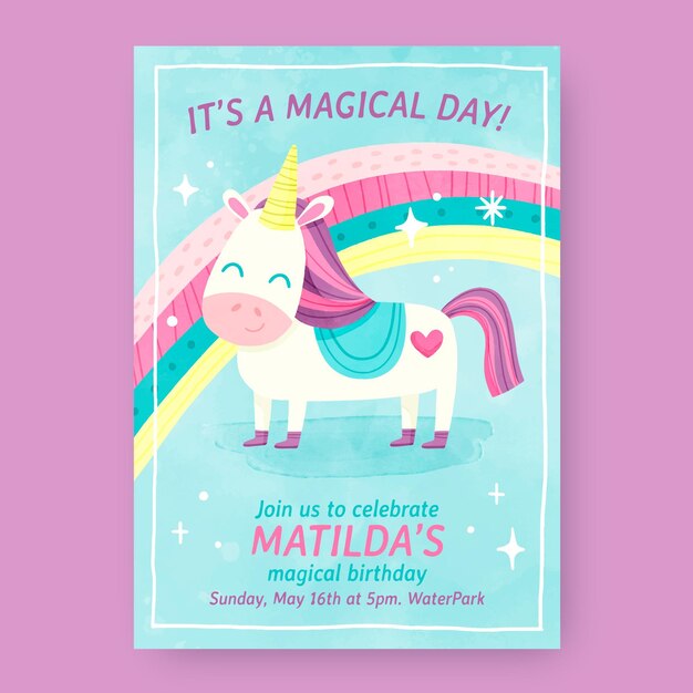 Plantilla de invitación de cumpleaños de unicornio acuarela pintada a mano