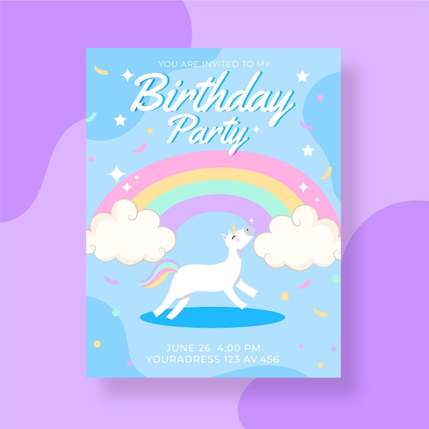 Plantilla de invitación de cumpleaños de unicornio dibujado a mano