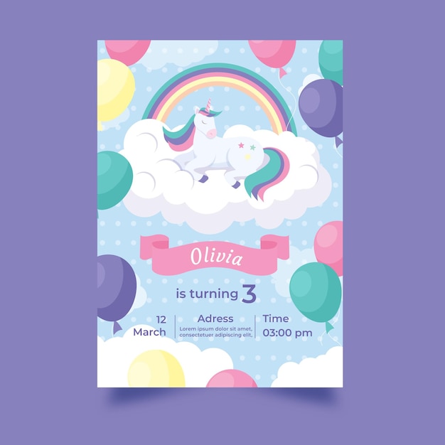Plantilla de invitación de cumpleaños de unicornio dibujado a mano
