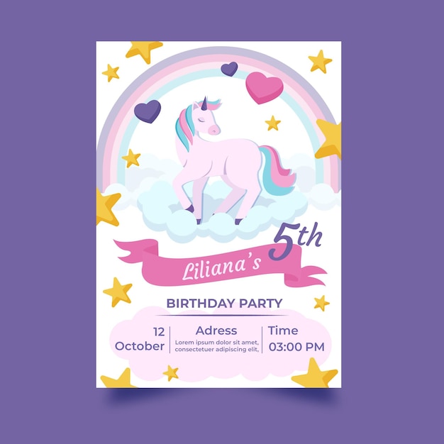 Plantilla de invitación de cumpleaños de unicornio dibujado a mano