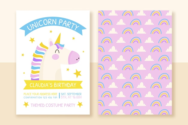 Vector gratuito plantilla de invitación de cumpleaños de unicornio dibujado a mano